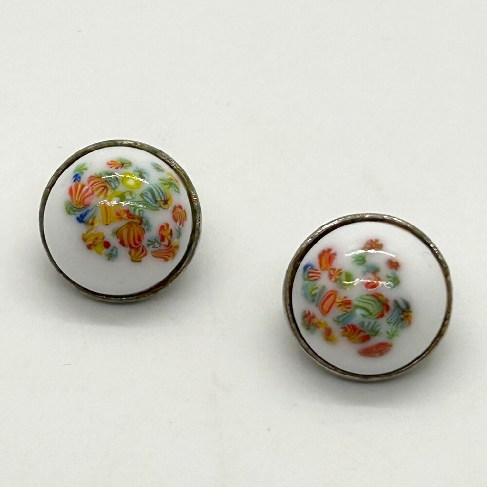 Vintage Hand Painted Porcelain Clip-On Earrings Floral Motif 3/4" Silver-tone